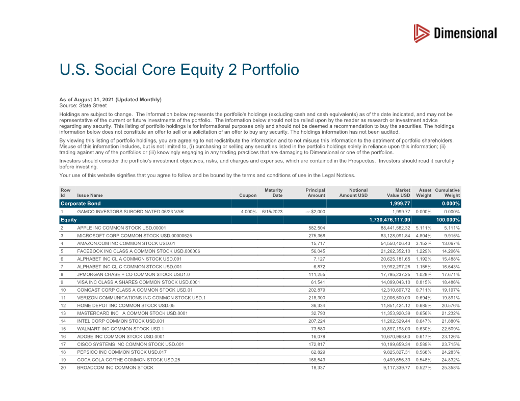 U.S. Social Core Equity 2 Portfolio