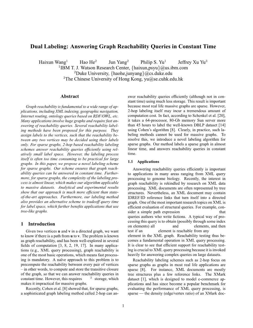 Dual Labeling: Answering Graph Reachability Queries in Constant Time