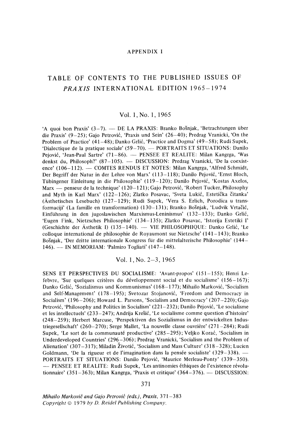 Table of Contents to the Published Issues of Praxis International Edition 1965-1974