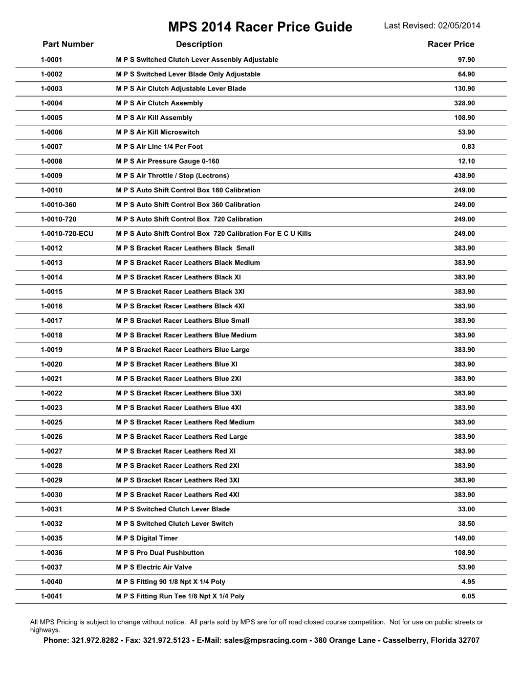 MPS 2014 Racer Price Guide Last Revised: 02/05/2014 Part Number Description Racer Price