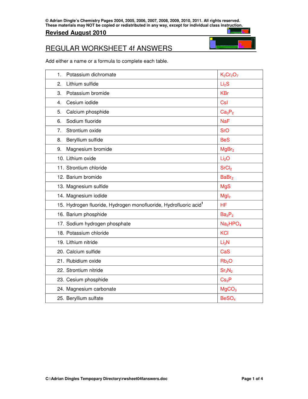 REGULAR WORKSHEET 4F ANSWERS