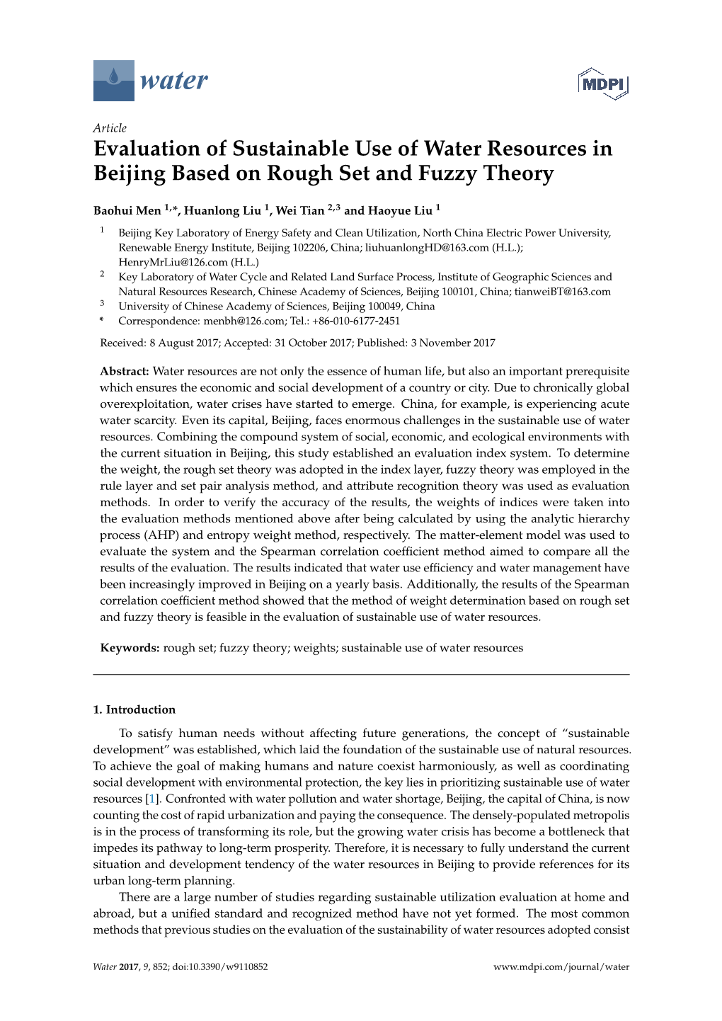 Evaluation of Sustainable Use of Water Resources in Beijing Based on Rough Set and Fuzzy Theory