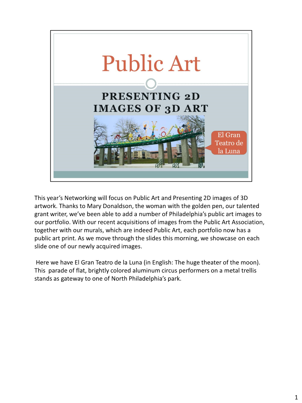 Public Art and Presenting 2D Images of 3D Artwork