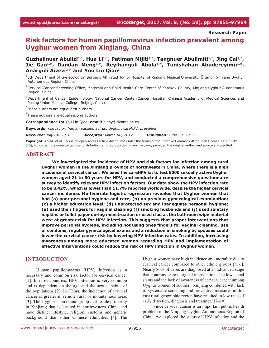 Risk Factors for Human Papillomavirus Infection Prevalent Among Uyghur Women from Xinjiang, China
