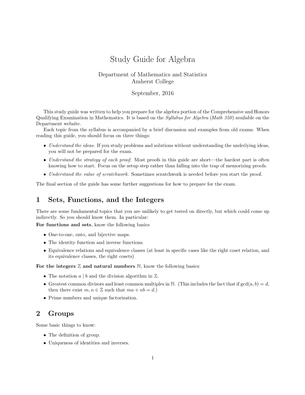 Study Guide for Algebra