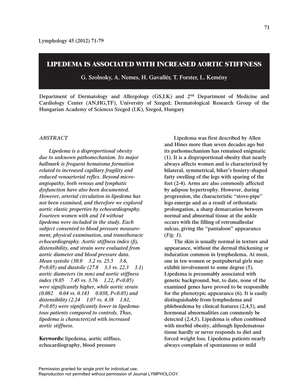 Lipedema Is Associated with Increased Aortic Stiffness