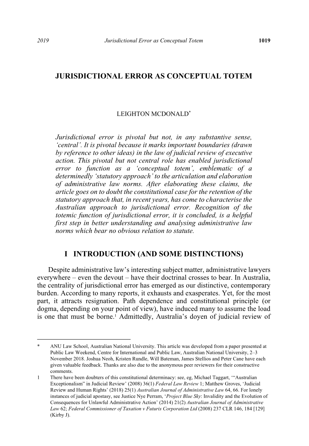 Jurisdictional Error As Conceptual Totem I Introduction (And Some Distinctions)