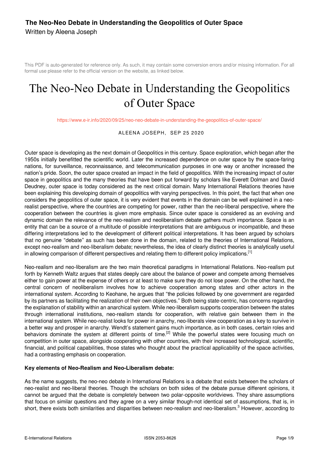 The Neo-Neo Debate in Understanding the Geopolitics of Outer Space Written by Aleena Joseph