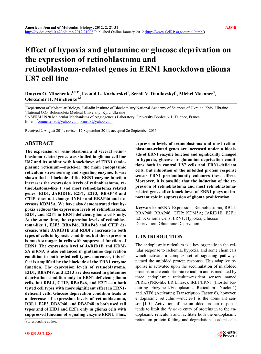 Effect of Hypoxia and Glutamine Or Glucose Deprivation on the Expression of Retinoblastoma and Retinoblastoma-Related Genes in ERN1 Knockdown Glioma U87 Cell Line