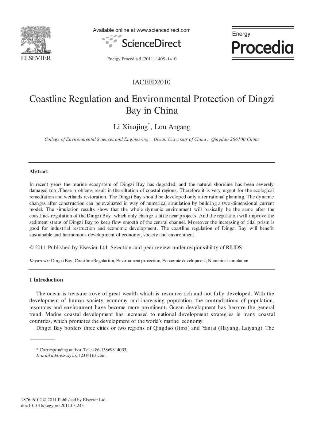 Coastline Regulation and Environmental Protection of Dingzi Bay in China