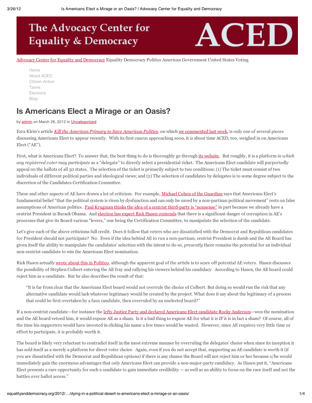 Is Americans Elect a Mirage Or an Oasis? | Advocacy Center for Equality and Democracy