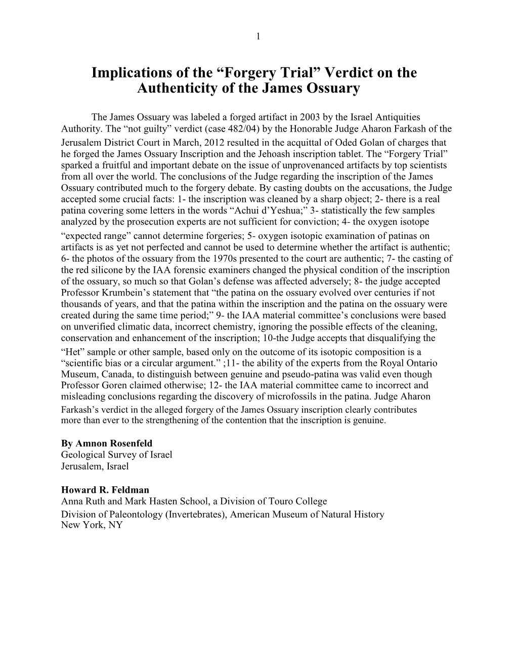 Implications of the “Forgery Trial” Verdict on the Authenticity of the James Ossuary