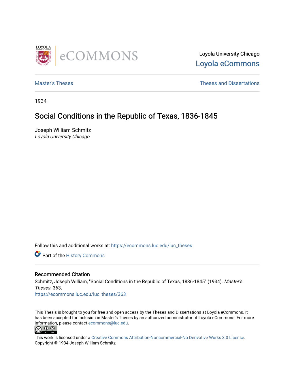 Social Conditions in the Republic of Texas, 1836-1845