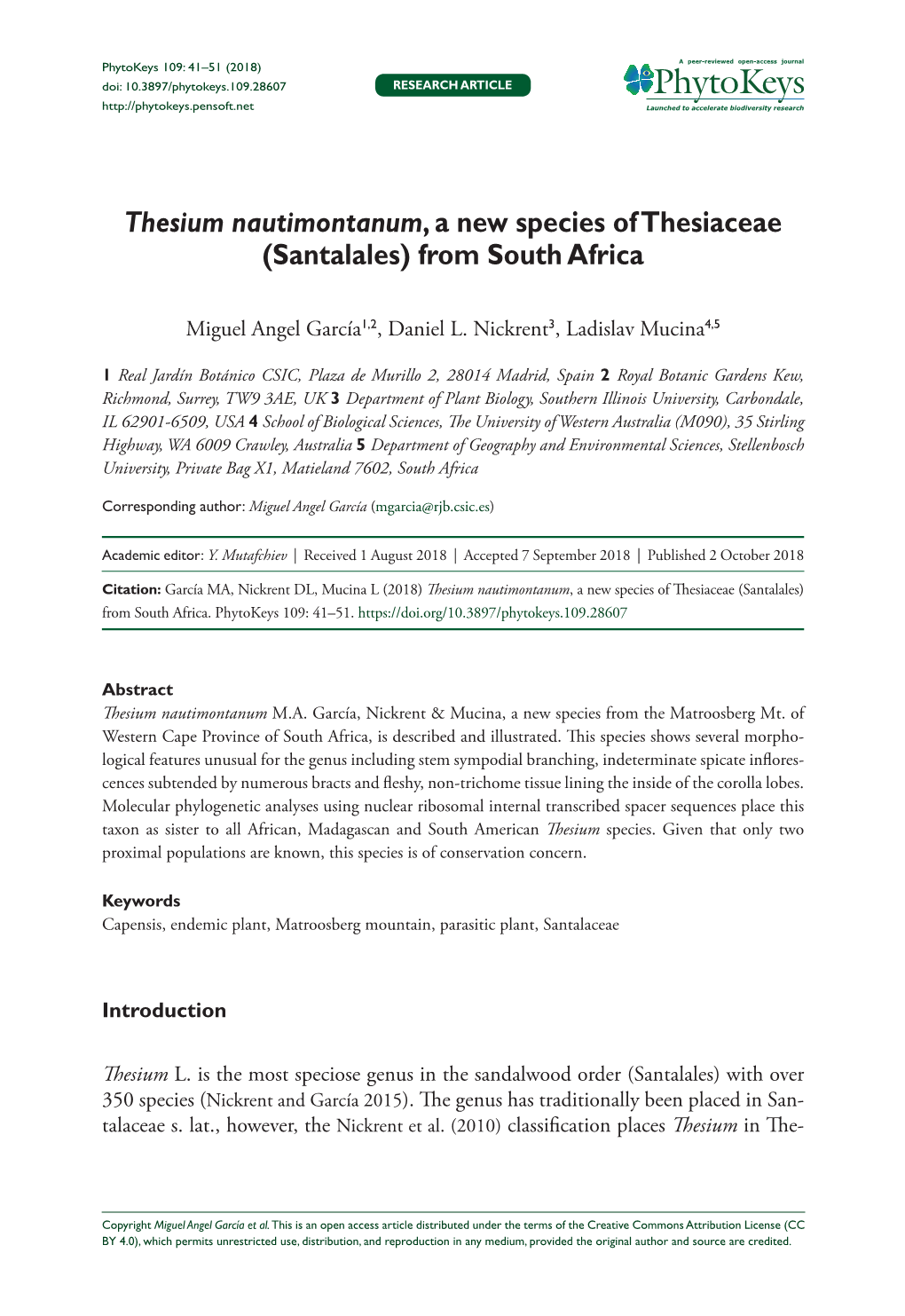 Thesium Nautimontanum, a New Species of Thesiaceae (Santalales) from South Africa