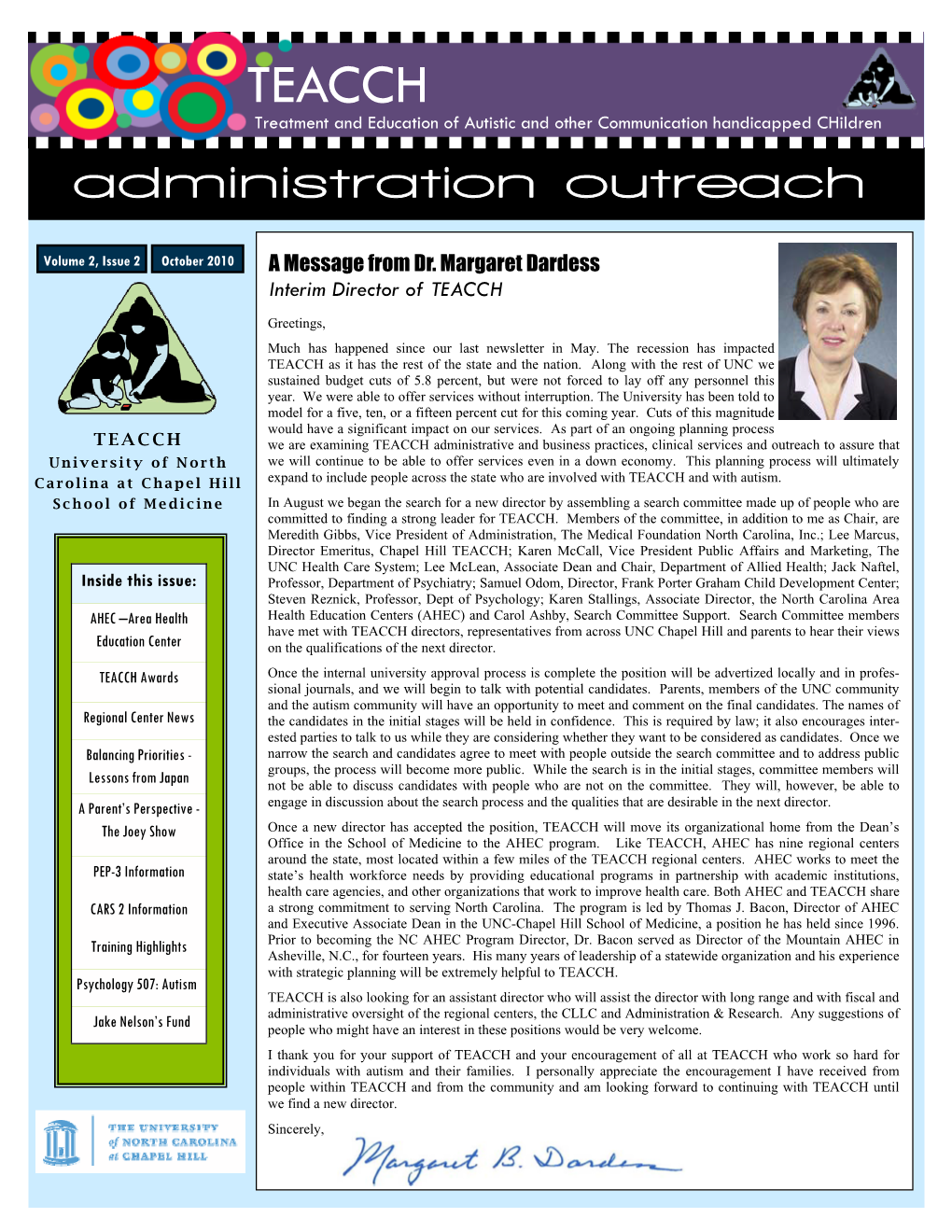 UNC Division TEACCH Administration Outreach Newsletter Fall 2010