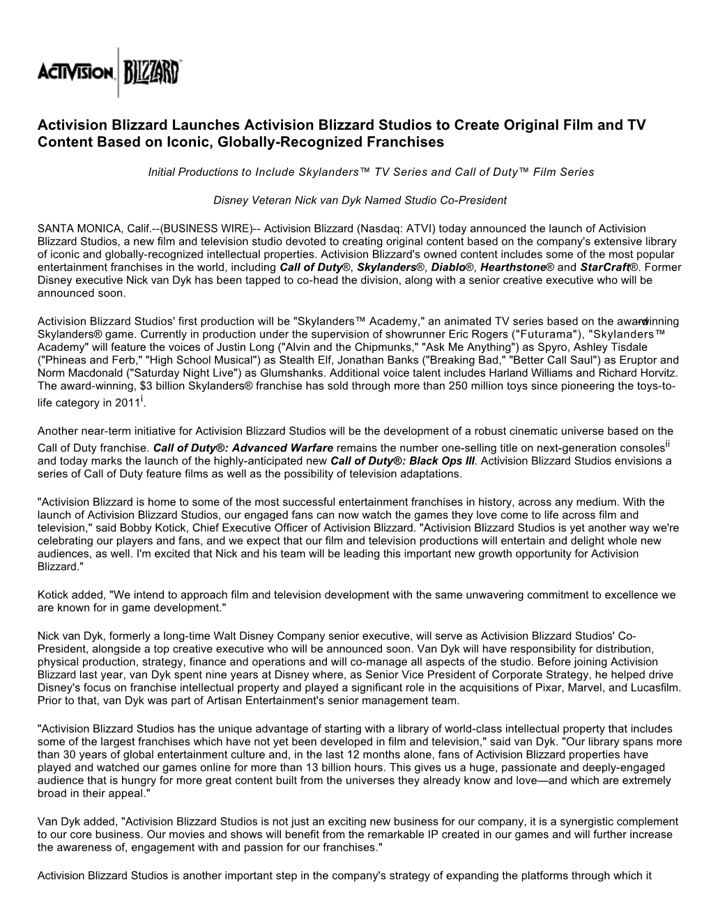 Activision Blizzard Launches Activision Blizzard Studios to Create Original Film and TV Content Based on Iconic, Globally-Recognized Franchises