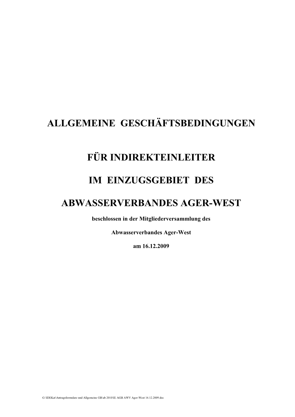 AGB AWV Ager-West 16.12.2009.Doc Inhaltsverzeichnis