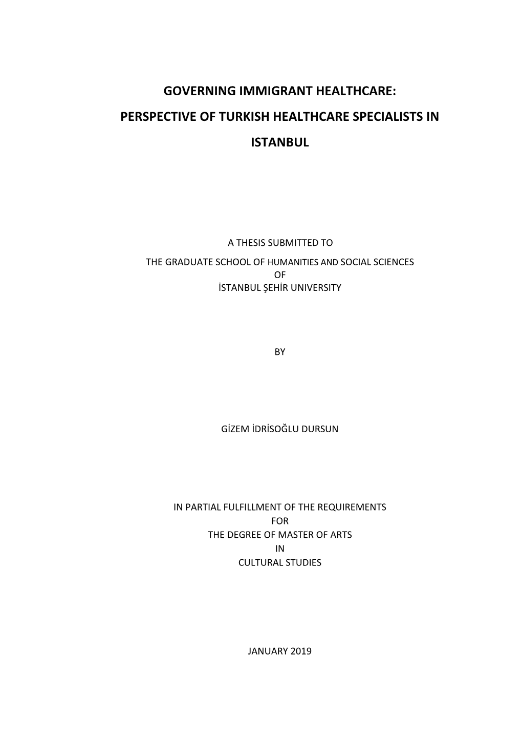 Governing Immigrant Healthcare: Perspective of Turkish Healthcare Specialists in Istanbul