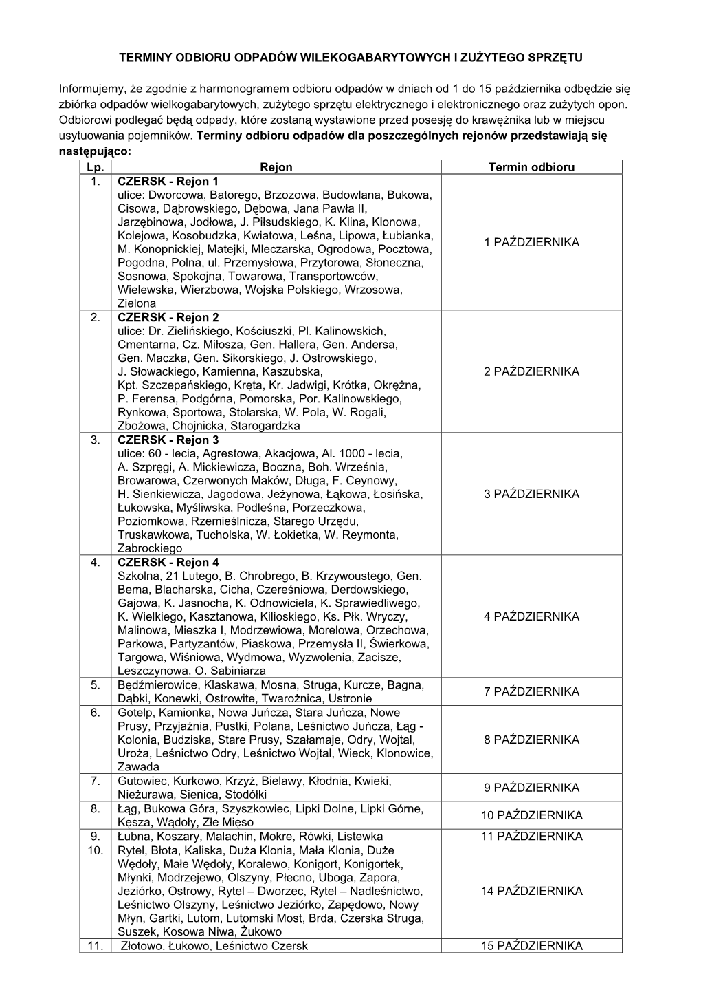 TERMINY ODBIORU ODPADÓW WILEKOGABARYTOWYCH I ZUŻYTEGO SPRZĘTU Informujemy, Że Zgodnie Z Harmonogramem Odbioru Odpadów W