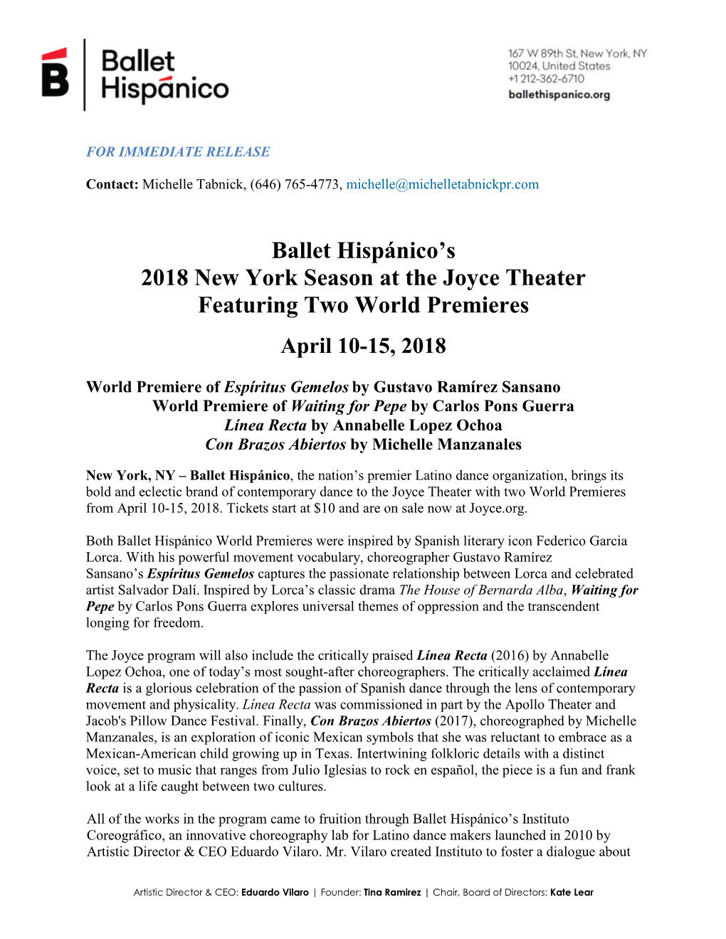 Ballet Hispánico's 2018 New York Season at the Joyce Theater Featuring Two World Premieres