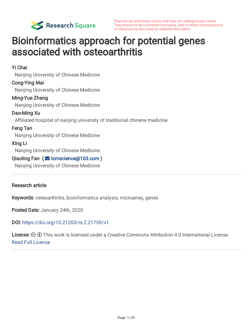 Bioinformatics Approach for Potential Genes Associated with Osteoarthritis