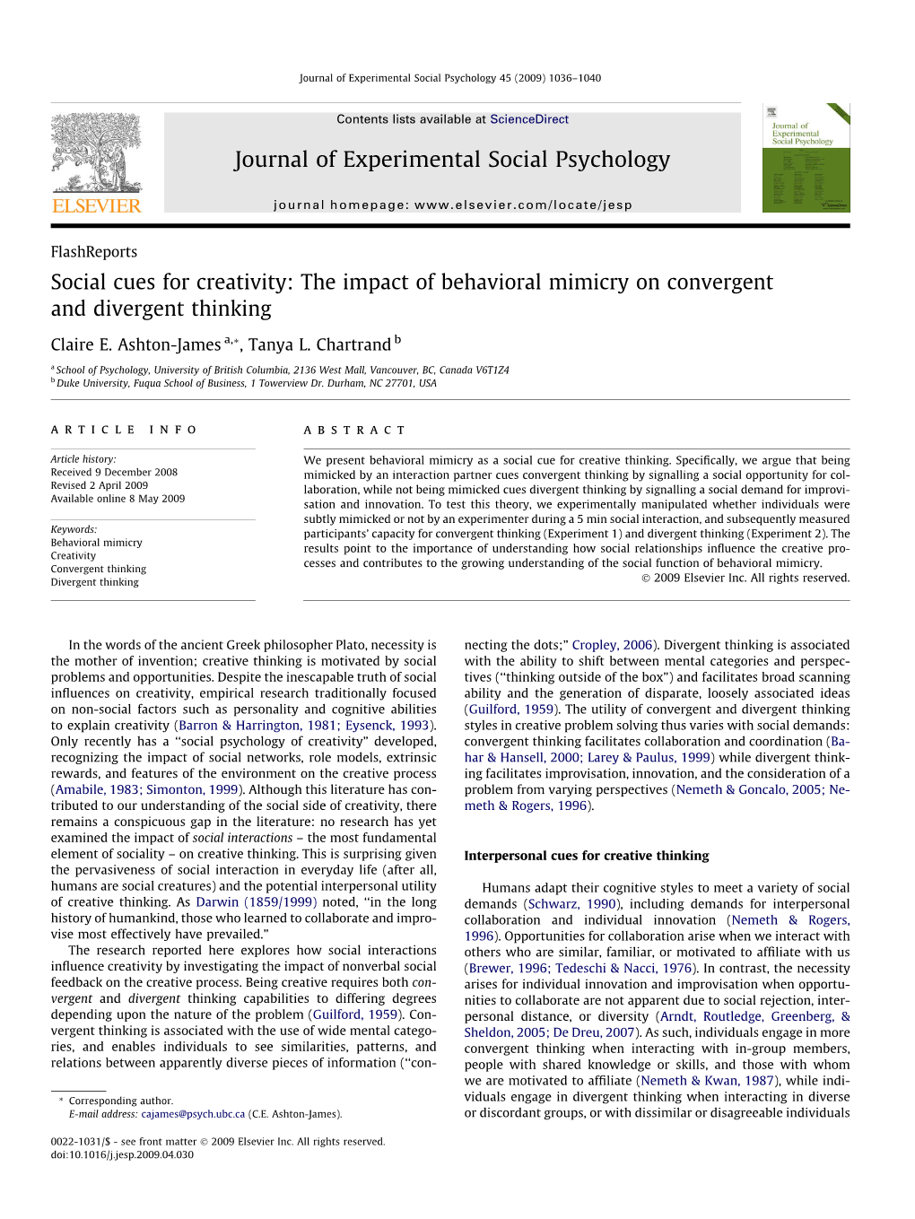 The Impact of Behavioral Mimicry on Convergent and Divergent Thinking