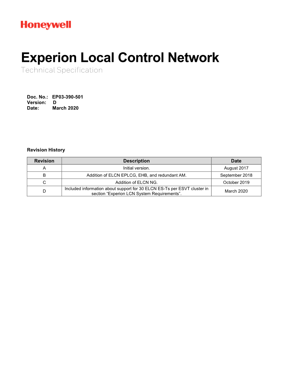 Experion Local Control Network Technical Specifications