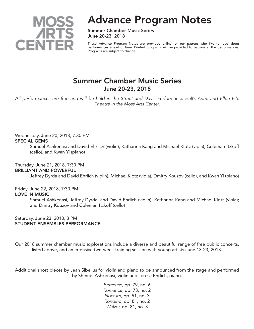 Advance Program Notes Summer Chamber Music Series June 20-23, 2018