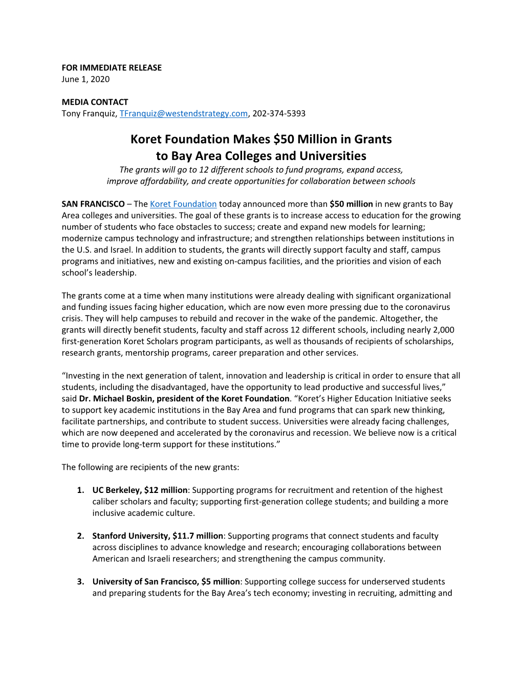 Koret Foundation Makes $50 Million in Grants to Bay Area Colleges And