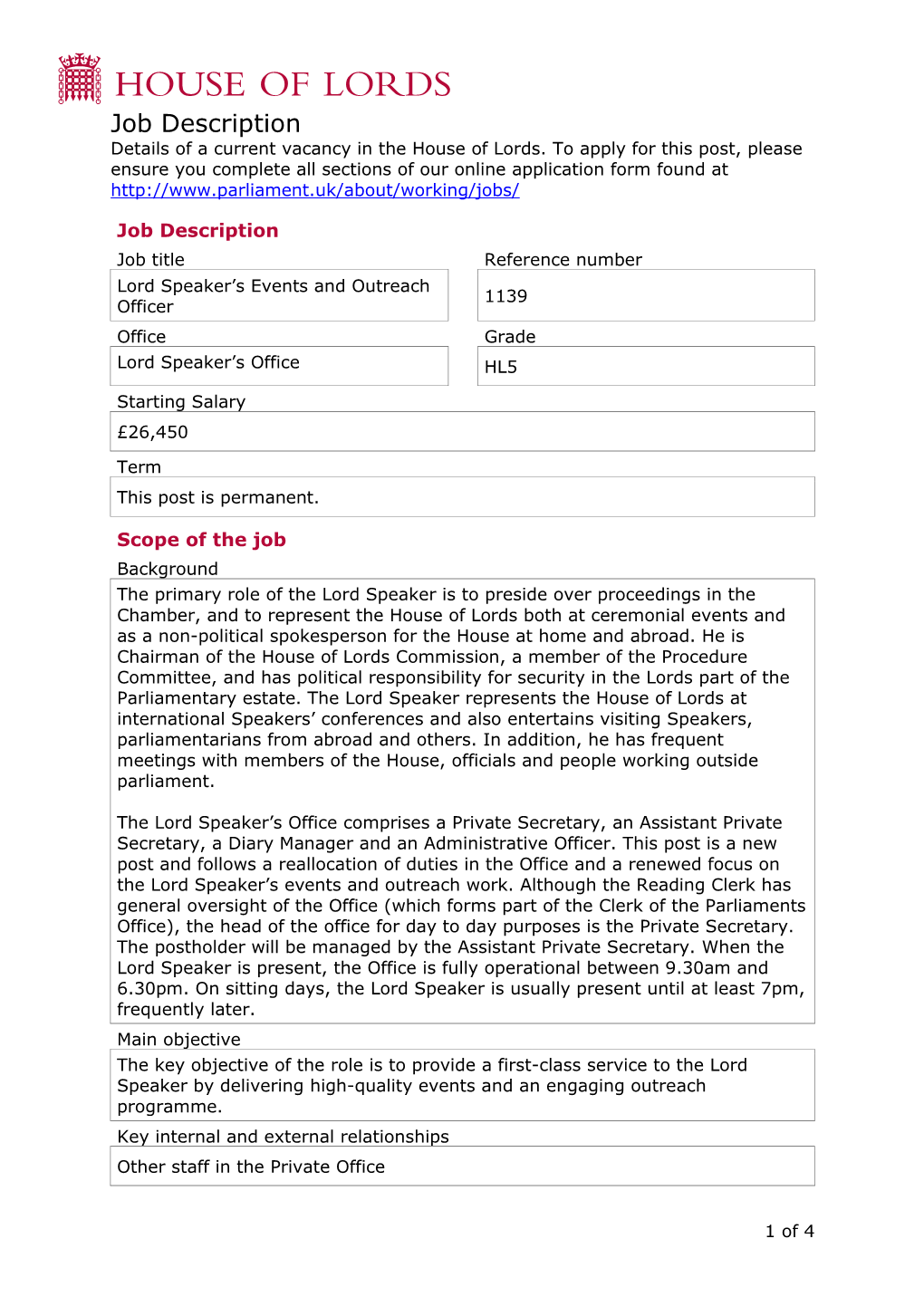 Job Description Details of a Current Vacancy in the House of Lords