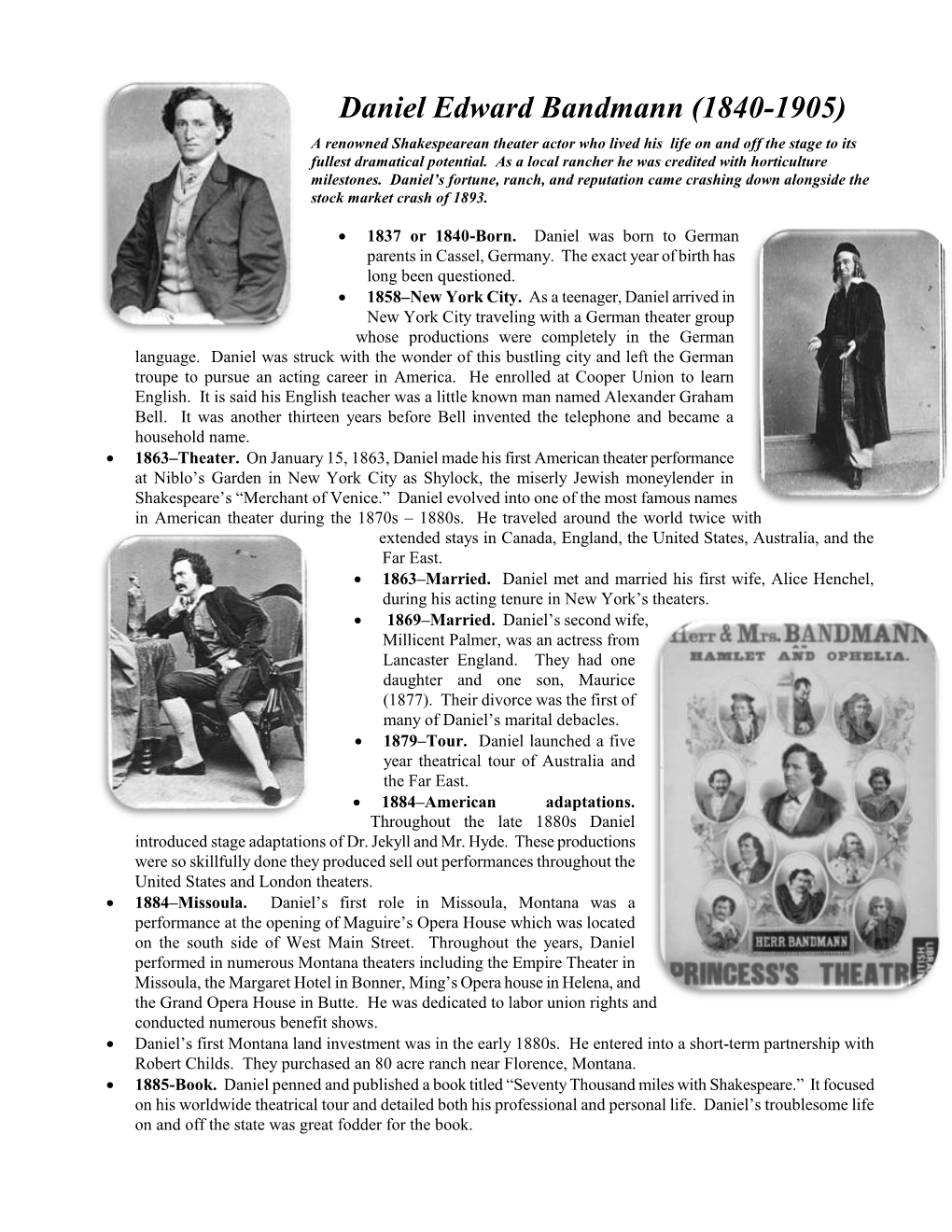 Daniel Edward Bandmann (1840-1905) a Renowned Shakespearean Theater Actor Who Lived His Life on and Off the Stage to Its Fullest Dramatical Potential