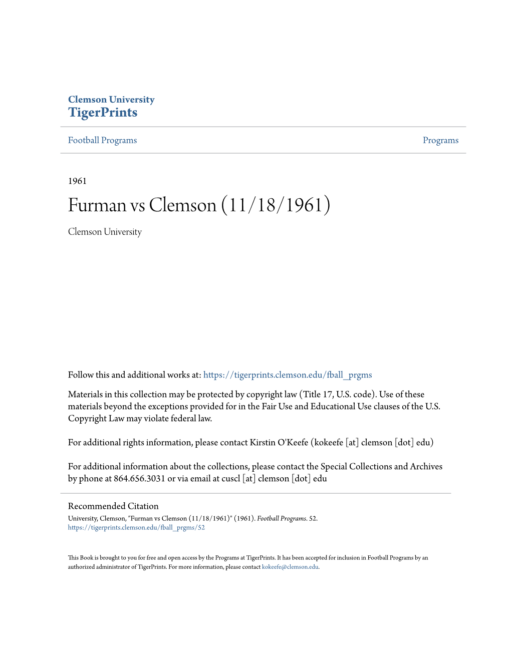 Furman Vs Clemson (11/18/1961) Clemson University