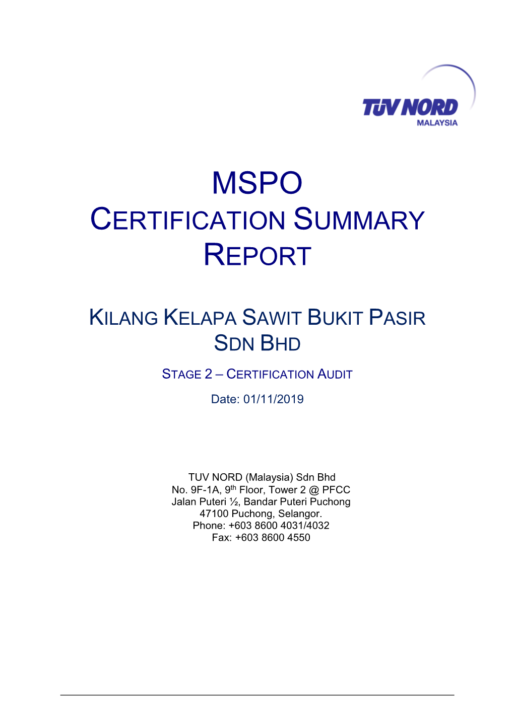 Certification Summary Report