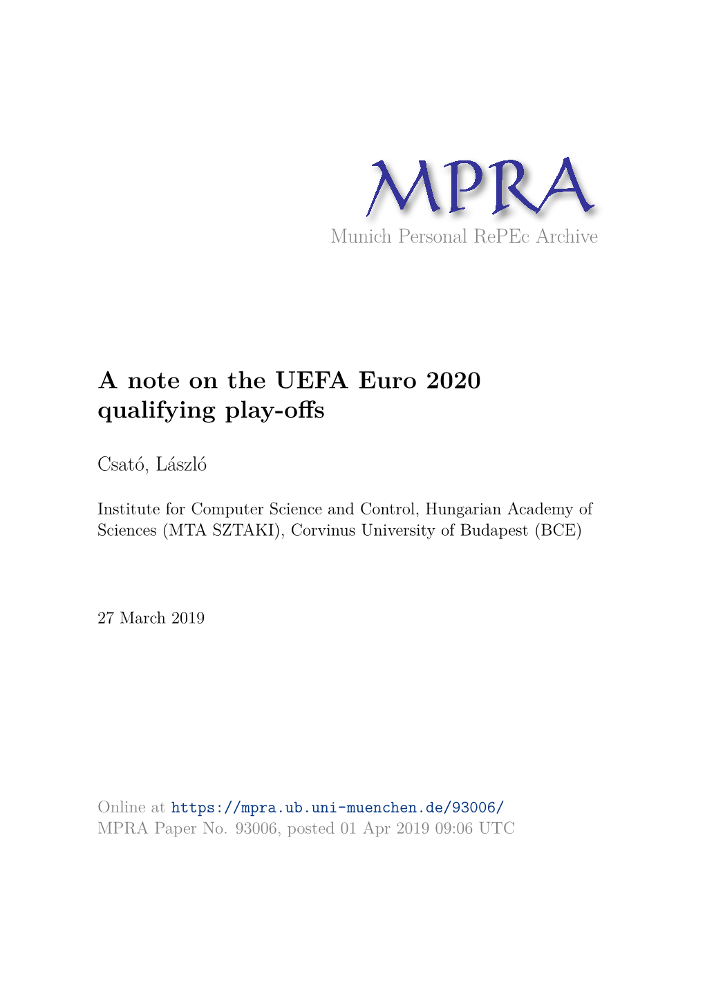 A Note on the UEFA Euro 2020 Qualifying Play-Offs