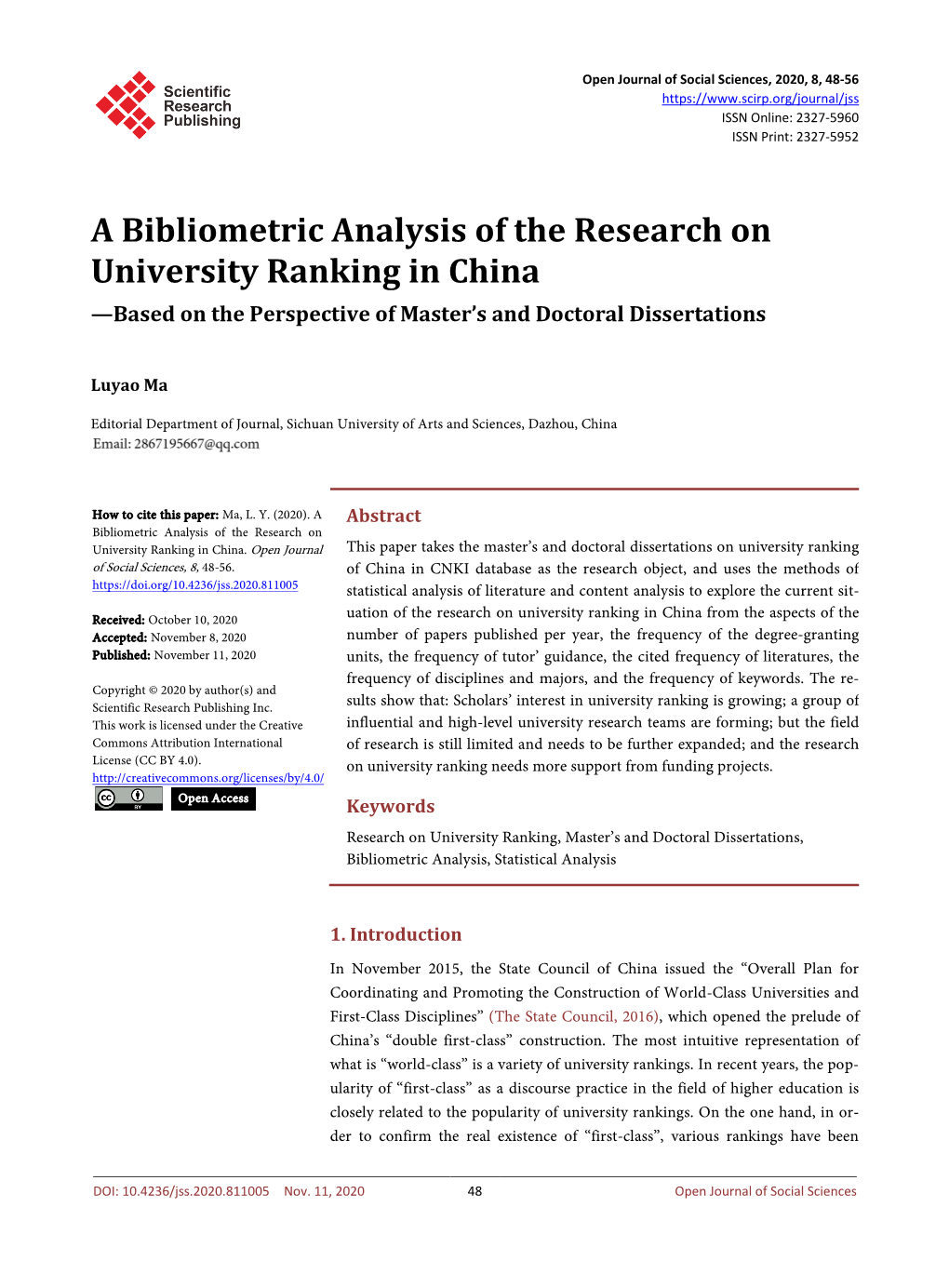 A Bibliometric Analysis of the Research on University Ranking in China —Based on the Perspective of Master’S and Doctoral Dissertations