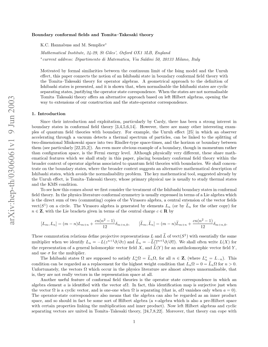 Boundary Conformal Fields and Tomita--Takesaki Theory