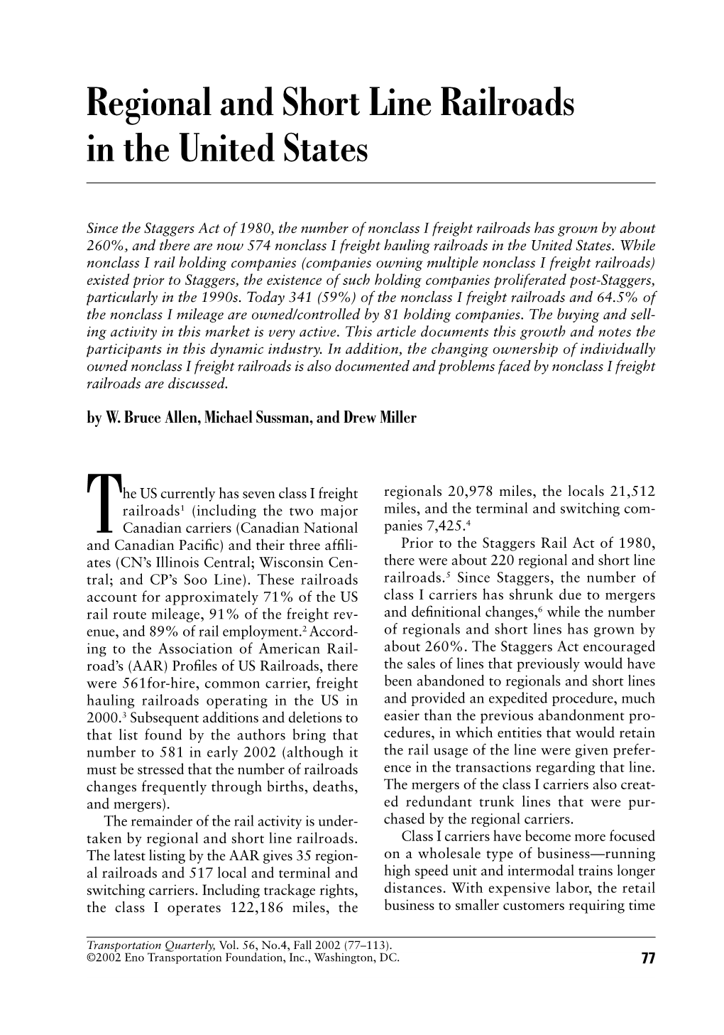 Regional and Short Line Railroads in the United States