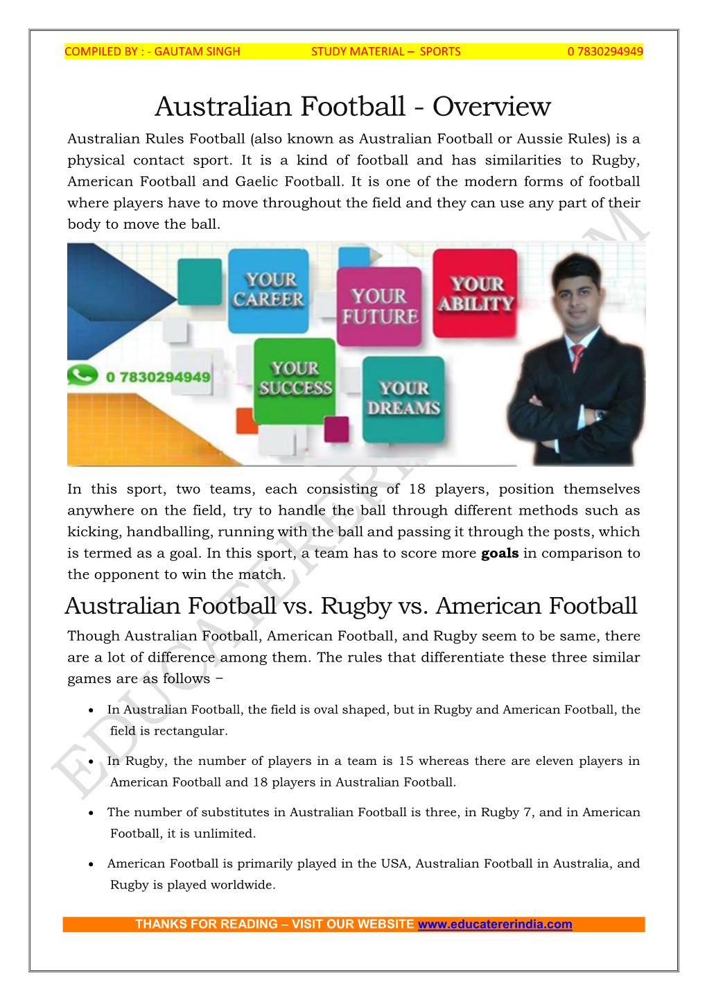 Australian Football - Overview Australian Rules Football (Also Known As Australian Football Or Aussie Rules) Is a Physical Contact Sport