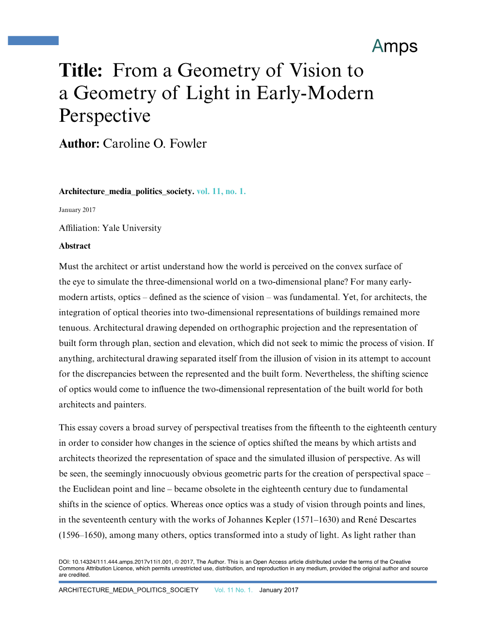 Title: from a Geometry of Vision to a Geometry of Light in Early-Modern Perspective Author: Caroline O