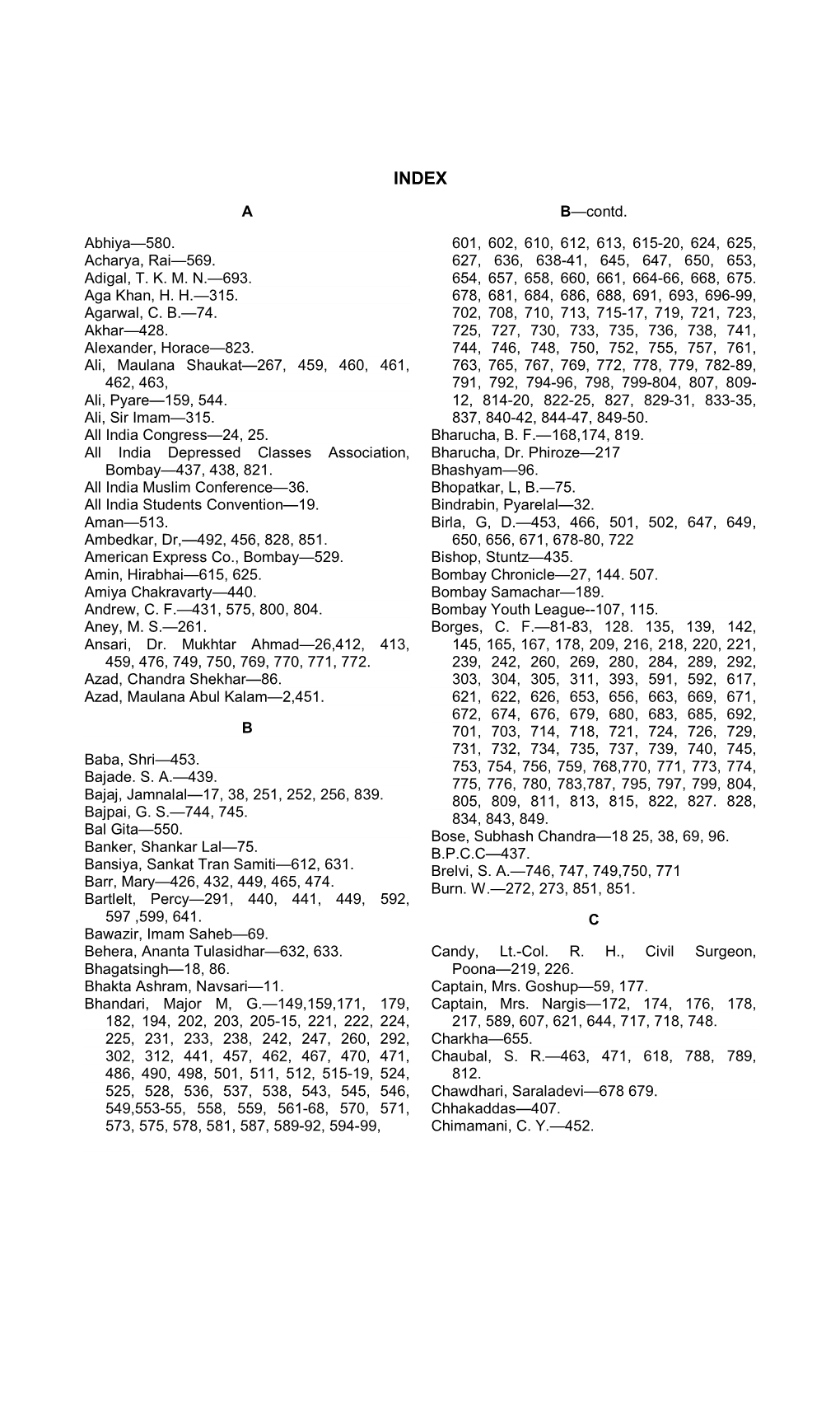 A Abhiya—580. Acharya, Rai—569. Adigal, T. K. M. N.—693. Aga Khan