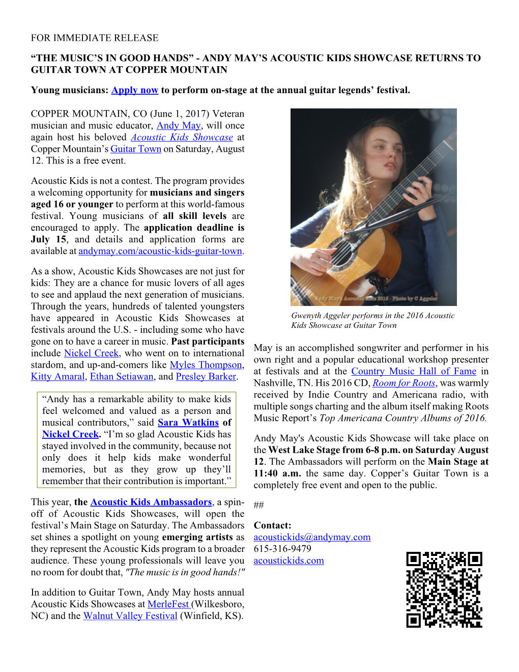 2017-Acoustic Kids-Guitar Town-Press Release