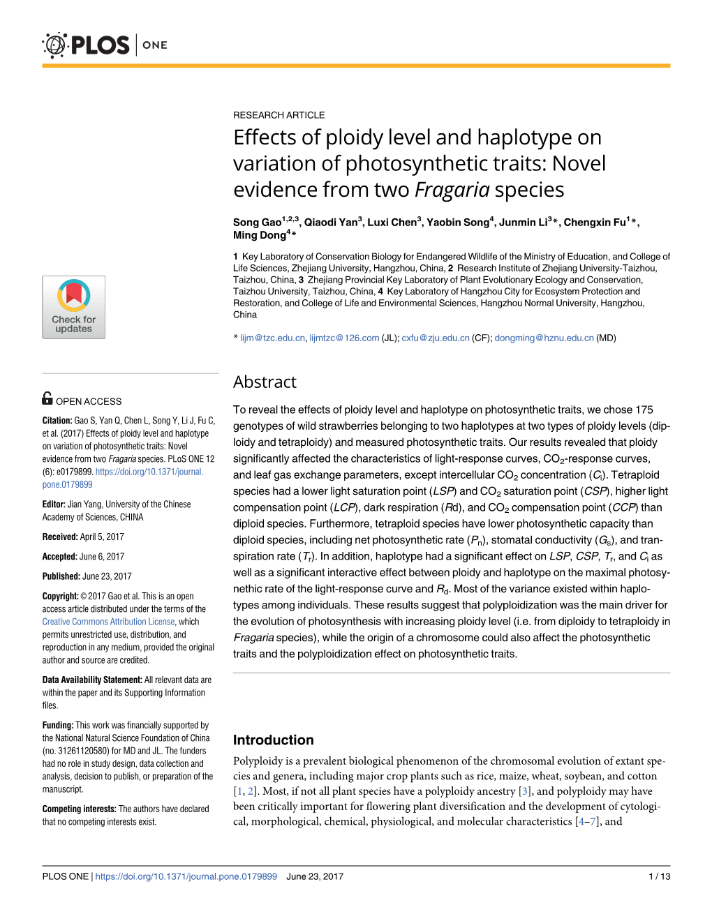 Effects of Ploidy Level and Haplotype on Variation of Photosynthetic Traits: Novel Evidence from Two Fragaria Species