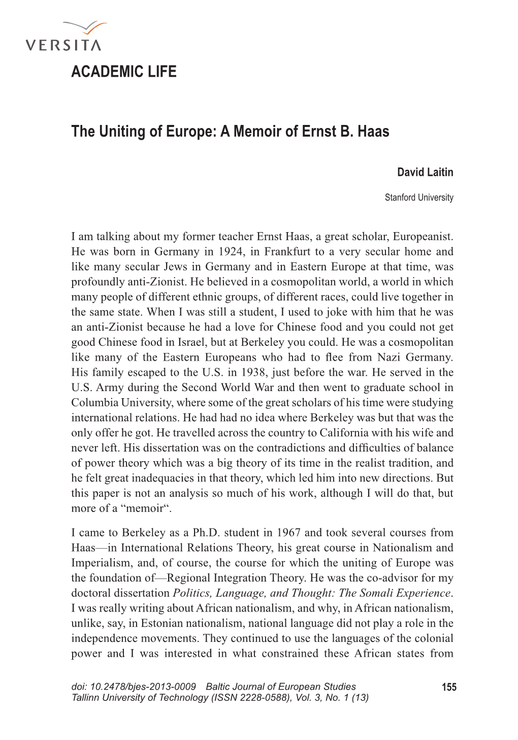 A Memoir of Ernst B. Haas