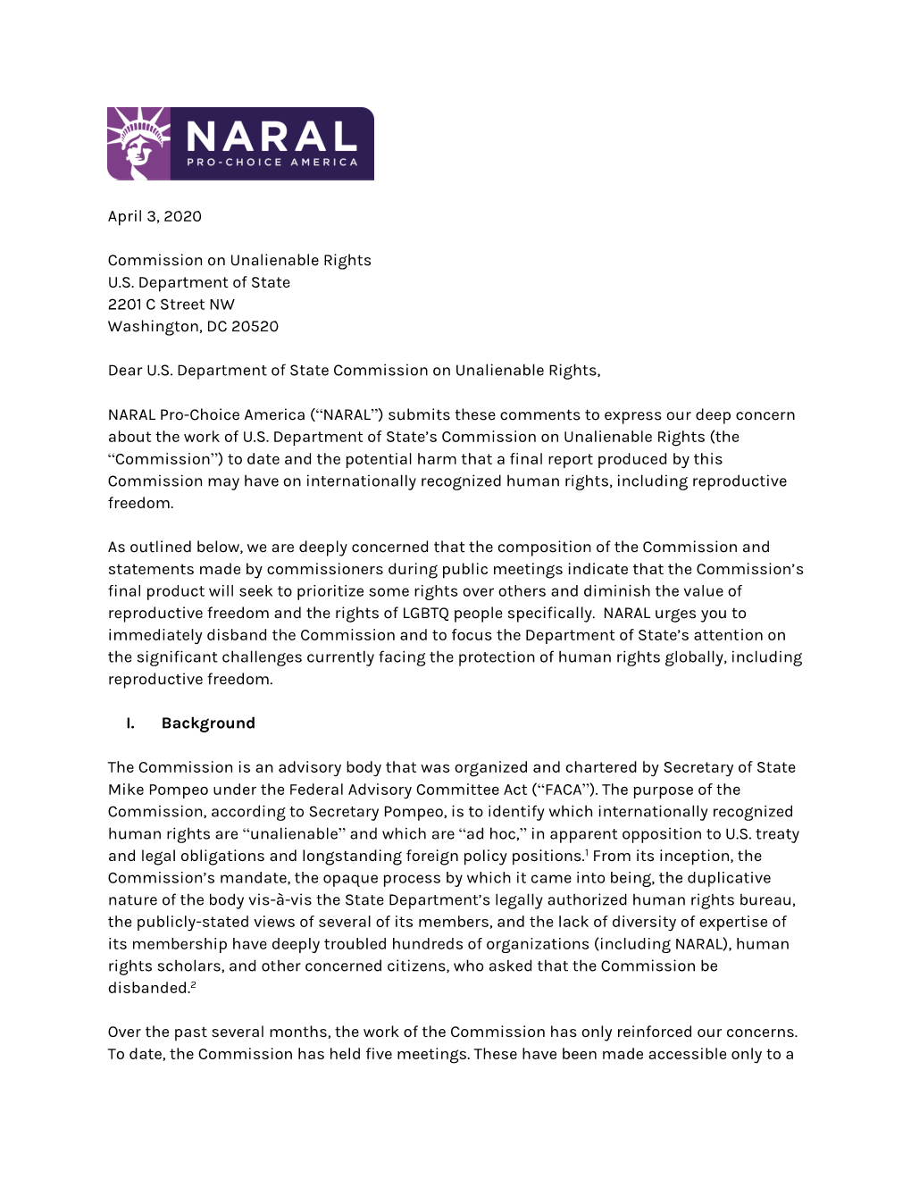 NARAL Pro-Choice America (“NARAL”) Submits These Comments to Express Our Deep Concern About the Work of U.S