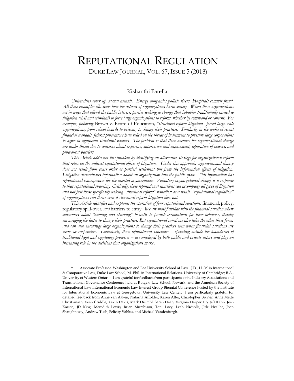 Reputational Regulation Duke Law Journal, Vol