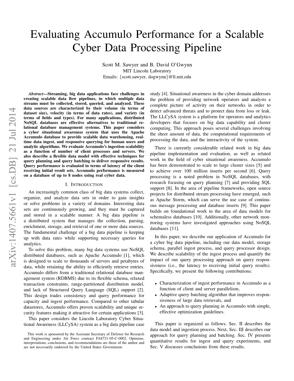 Evaluating Accumulo Performance for a Scalable Cyber Data Processing Pipeline