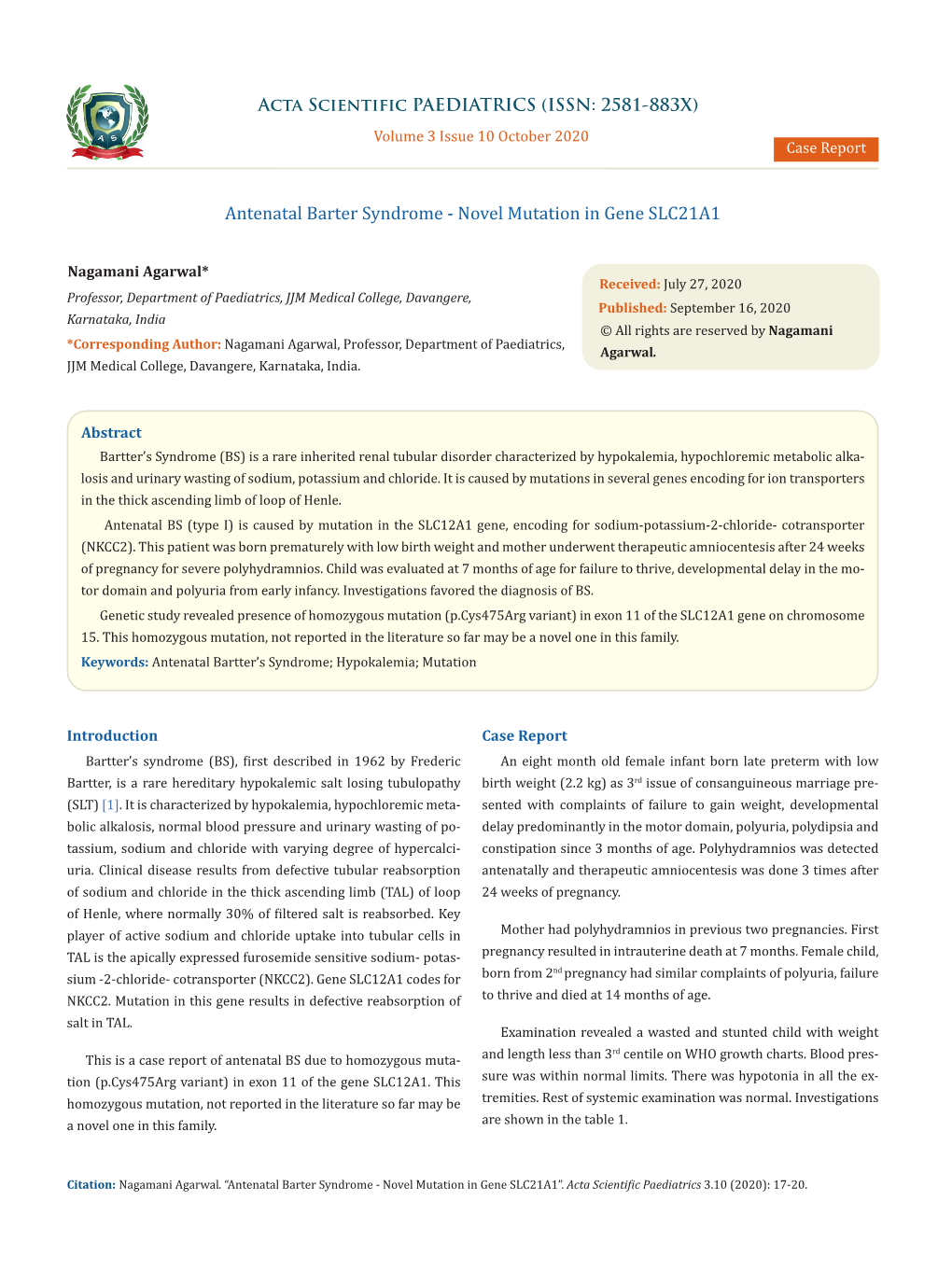 Antenatal Barter Syndrome - Novel Mutation in Gene SLC21A1