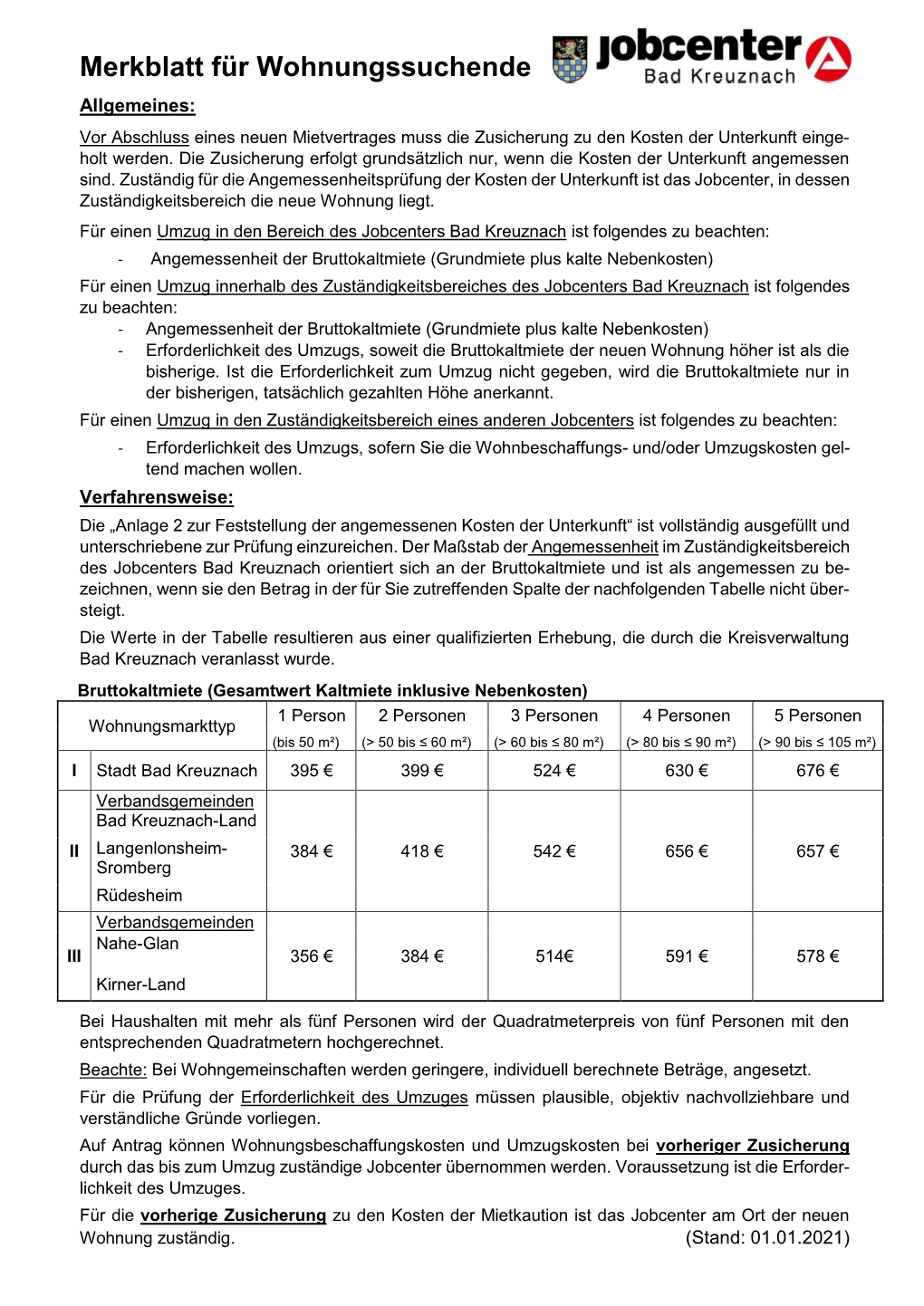 Merkblatt Für Wohnungssuchende Allgemeines: Vor Abschluss Eines Neuen Mietvertrages Muss Die Zusicherung Zu Den Kosten Der Unterkunft Einge- Holt Werden