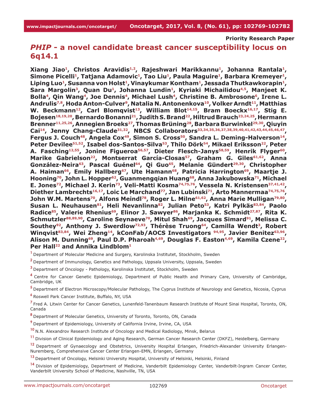 PHIP - a Novel Candidate Breast Cancer Susceptibility Locus on 6Q14.1