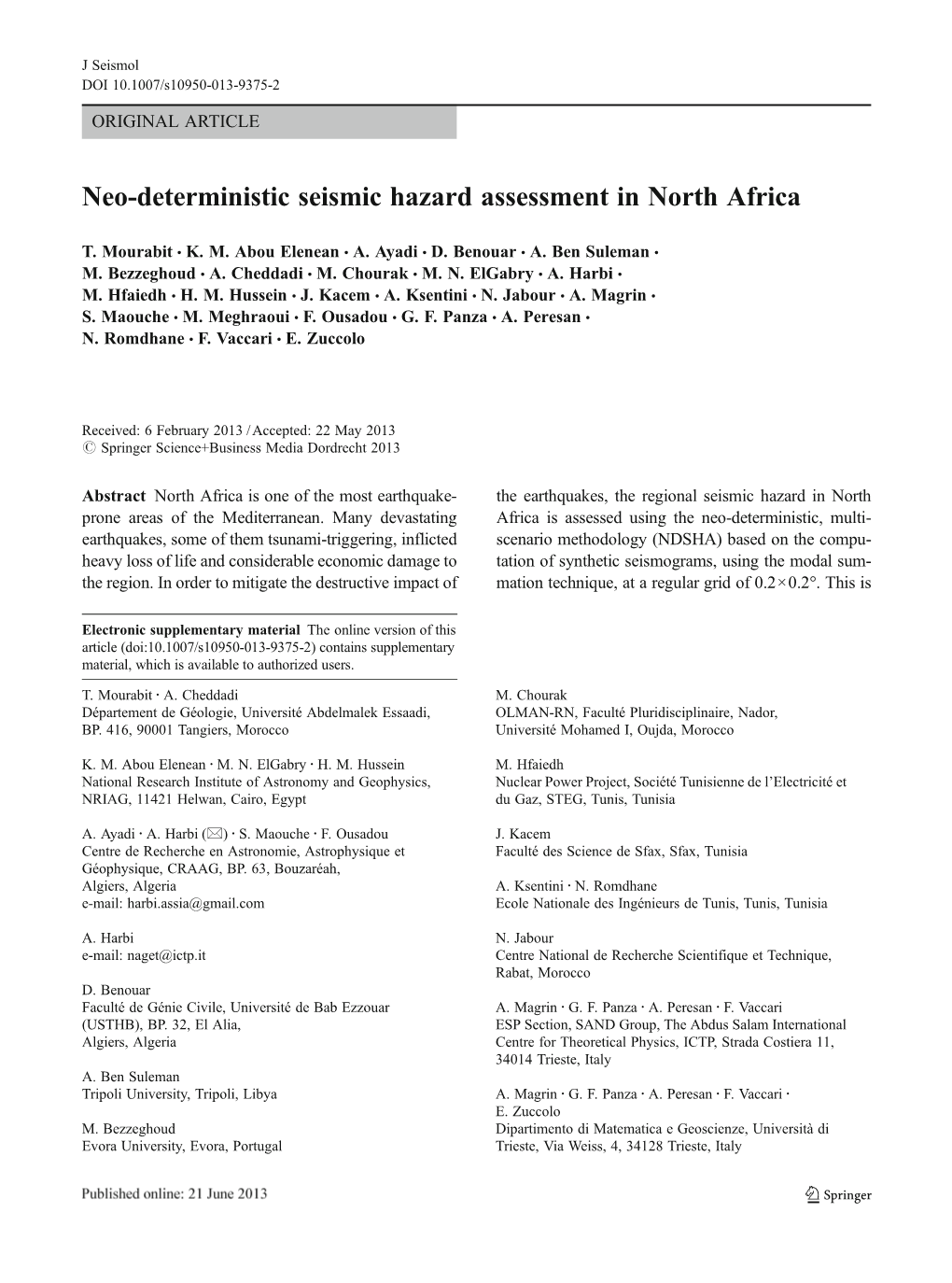 Neo-Deterministic Seismic Hazard Assessment in North Africa